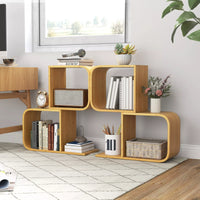 S-Shaped Bookcase Bamboo Bookshelf with 2 Cubes Geometric Corner Display Shelf