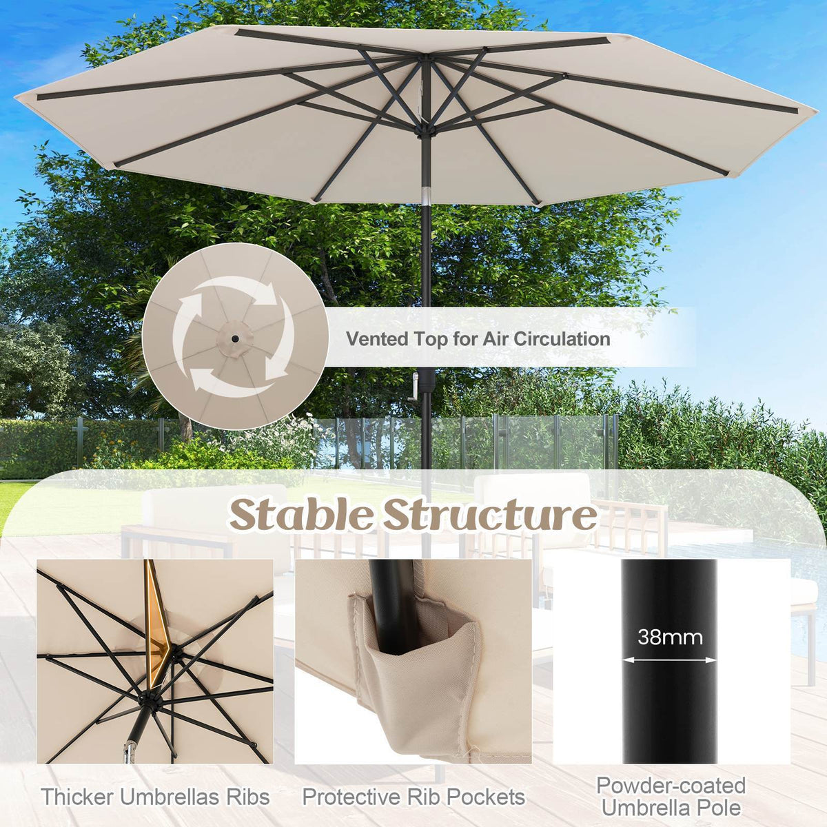 3M Large Patio Umbrella, Outdoor Heavy Duty Market Umbrella,Garden,Lawn,Poolside