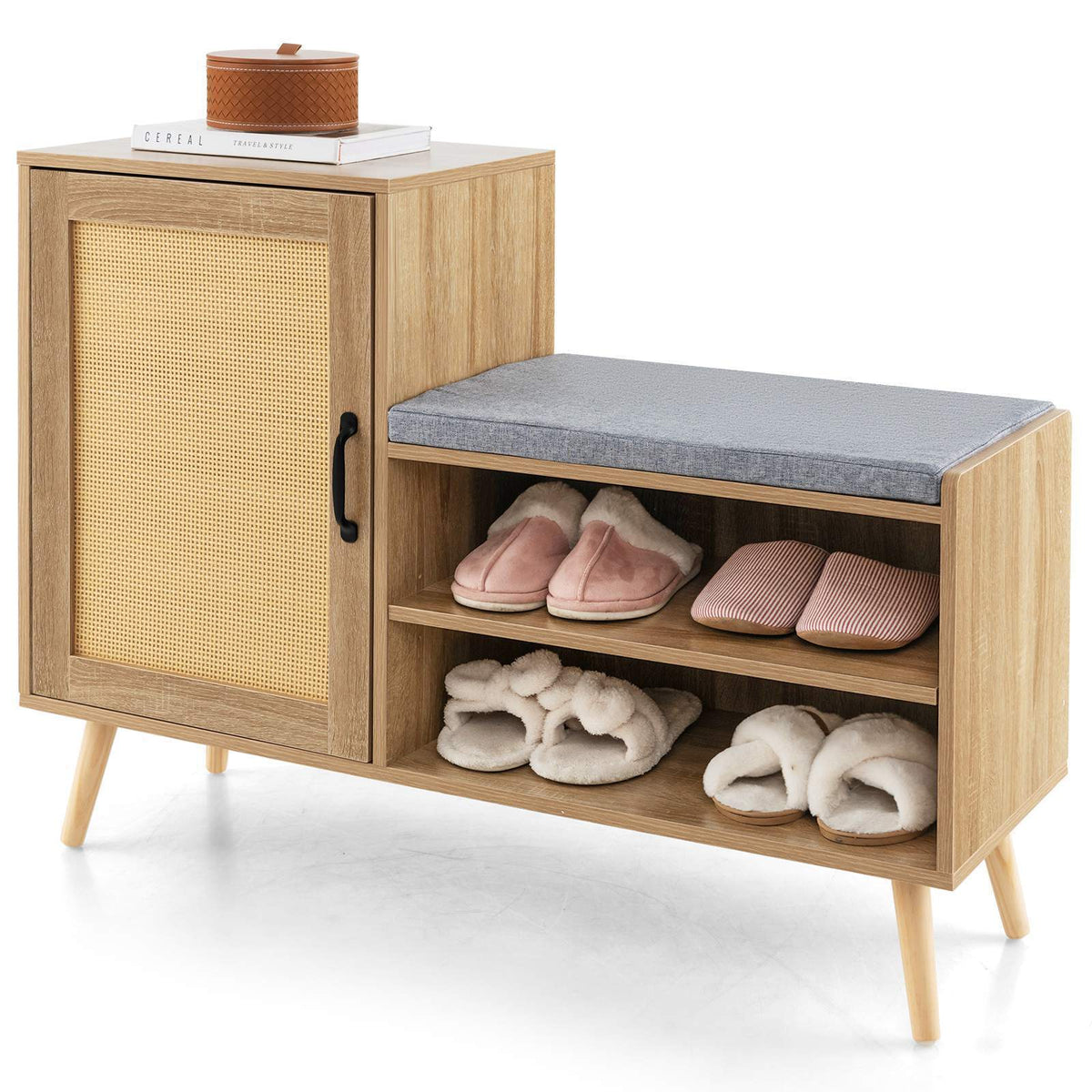 2-in-1 Rattan Shoe Cabinet with Bench Shoe Rack w/ Adjustable Shelves Cushion