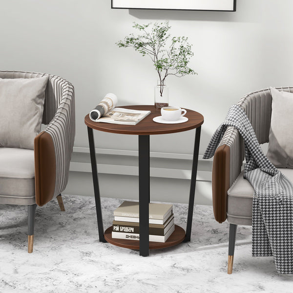 2-Tier Round End Table Side Table w/ Open Shelf Accent Nightstand Bedside Table