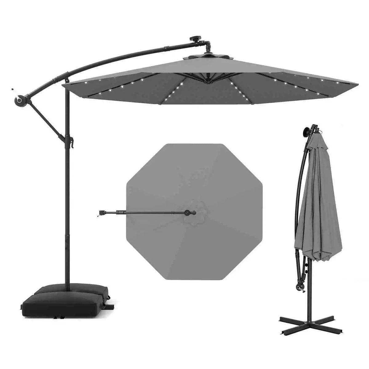 Outdoor Patio 3m Hanging Offset Umbrella w/ 32 LED Lights & Water-proof Canopy