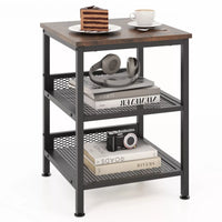 3-Tier Side Table Square Nightstand Industrial End Table w/ Dual Mesh Shelves