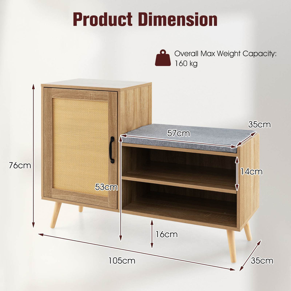 2-in-1 Rattan Shoe Cabinet with Bench Shoe Rack w/ Adjustable Shelves Cushion