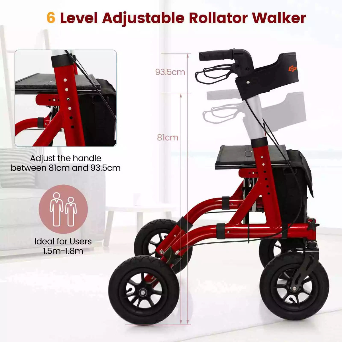 Foldable Height Adjustable Rolling Walker 24CM All Terrain Pneumatic Wheel 160KG