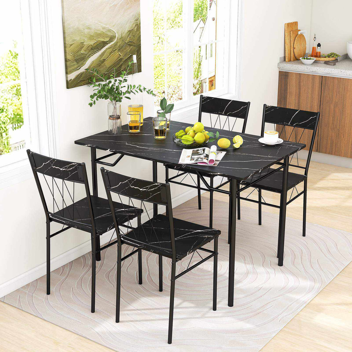 5Pcs Dining Table & Chair Set for 4 Kitchen Dining Room Furniture Dinette Set