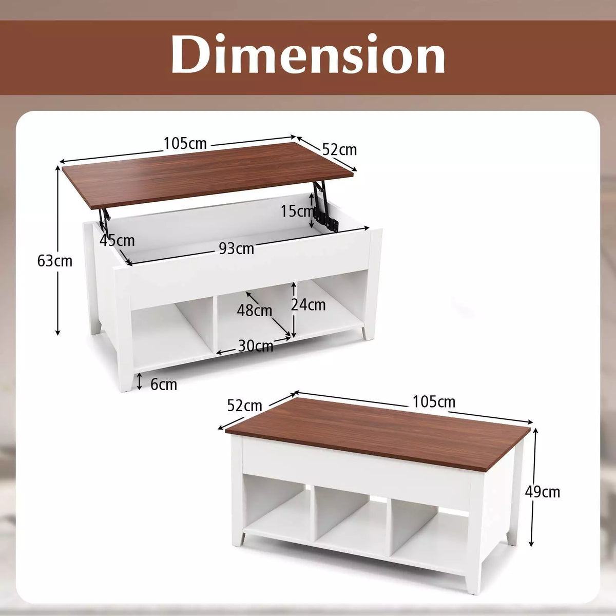 Lift Up Coffee Table Rising Center Table w/ Hidden Compartment & 3 Cubes