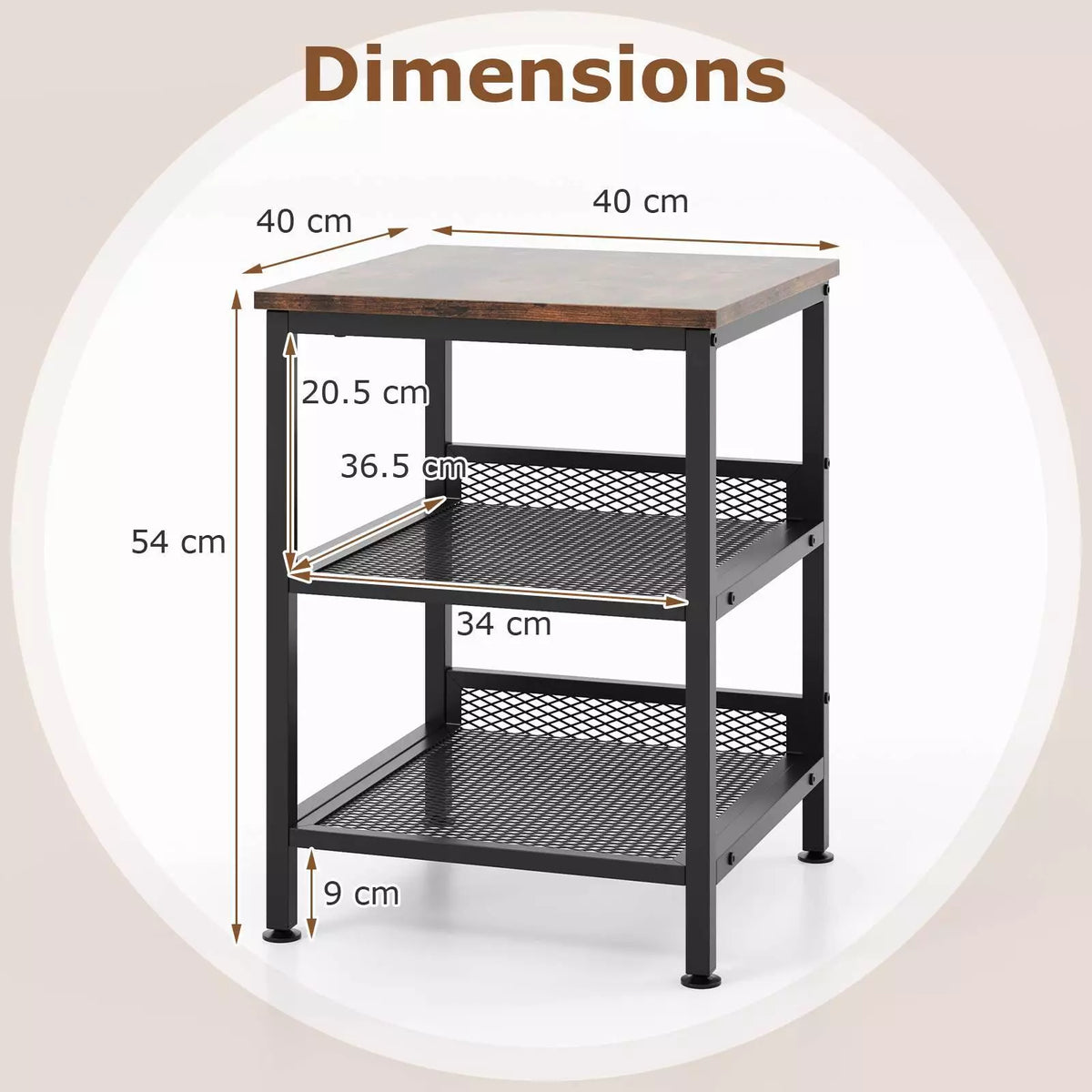 3-Tier Side Table Square Nightstand Industrial End Table w/ Dual Mesh Shelves