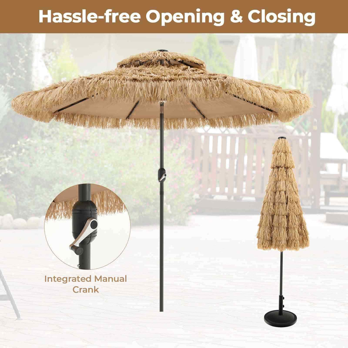 Solar Powered Hawaiian Style 32 LED Hula Thatched Tiki Umb w/ 30° Tilt for Patio