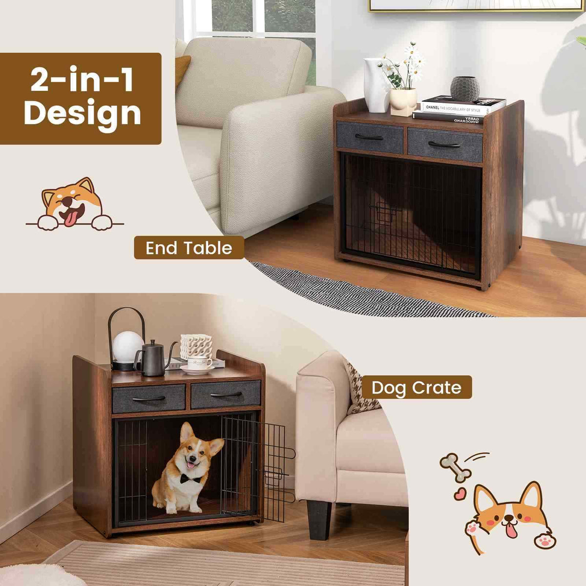 Indoor Dog Cage w/ 2 Fabric Drawers, Lockable Door for Small & Medium Sized Dogs