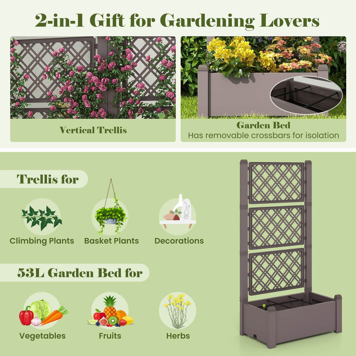 Self-Watering Raised Garden Bed Planter Box with 3-Height Trellis 76x45x150 cm