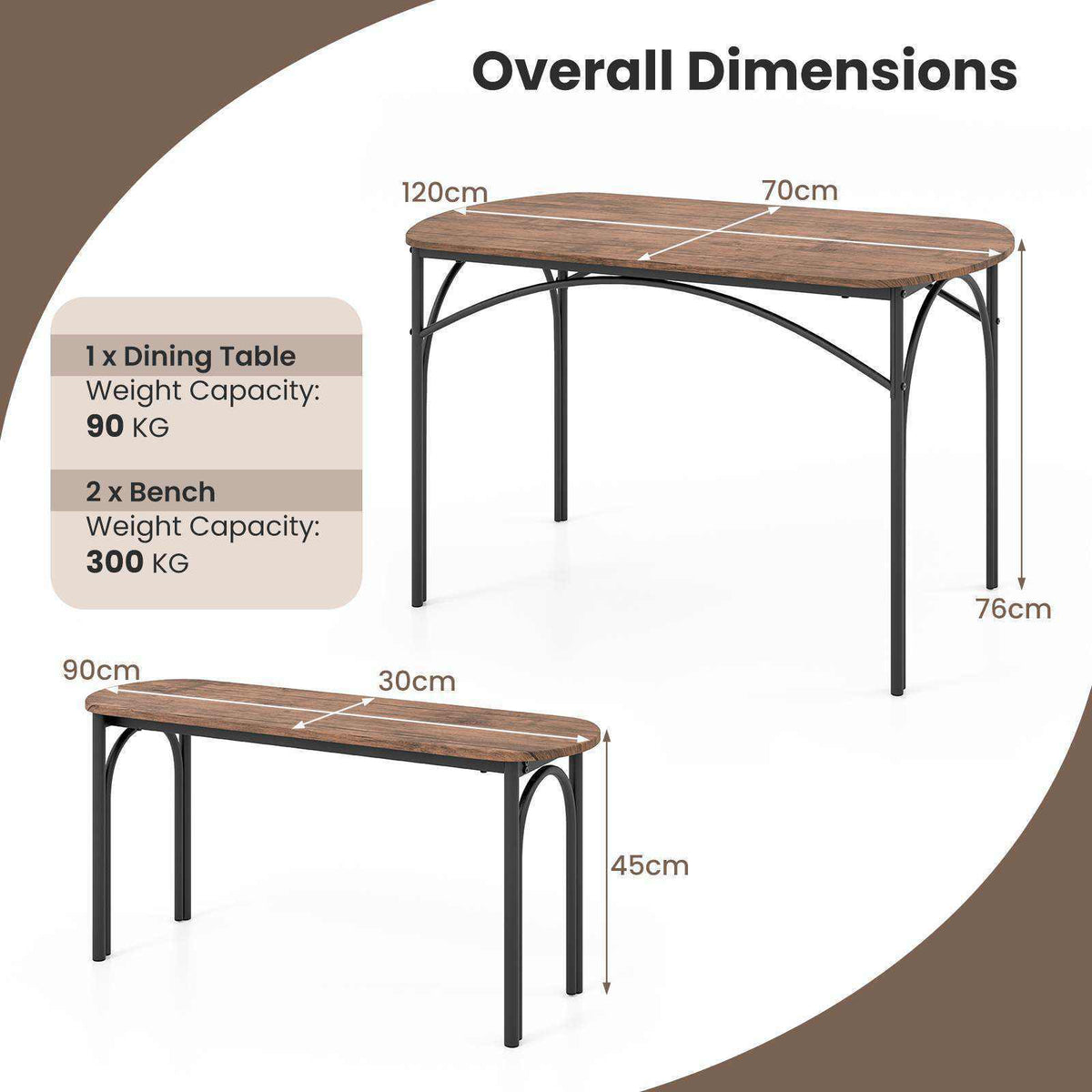 3PCS Dining Table Set Rectangular Table 2 Benches Kitchen Dining Room Furniture