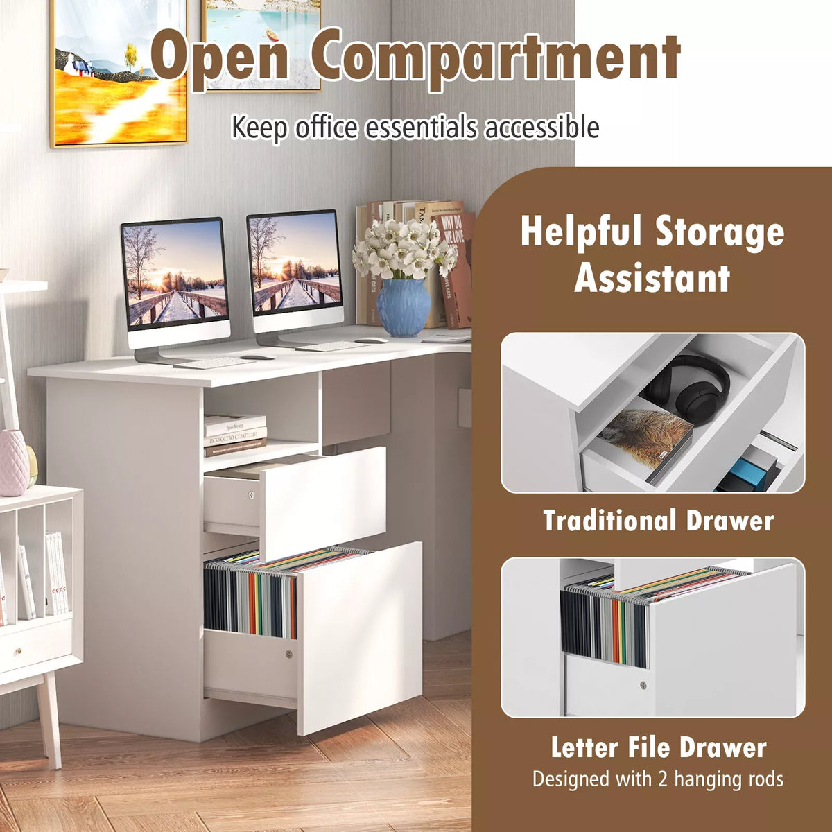 150 cm L-Shaped Computer Desk Corner Study Writing Desk w/ Letter File Drawer