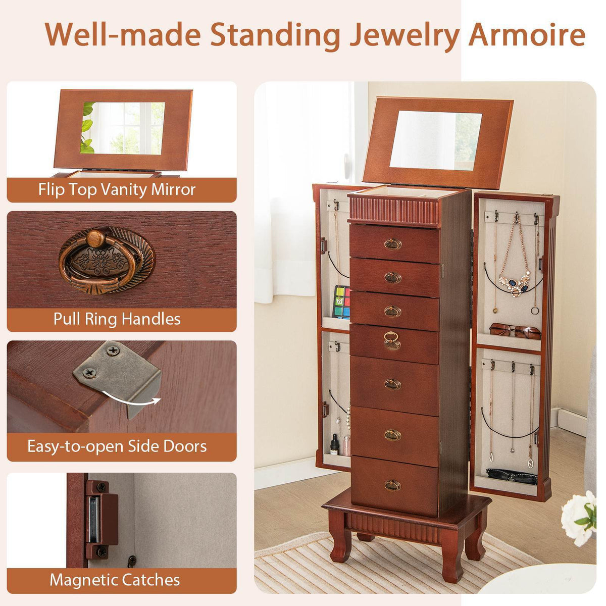 Jewelry Armoire Cabinet Standing Jewelry Storage Organizer with Makeup Mirror