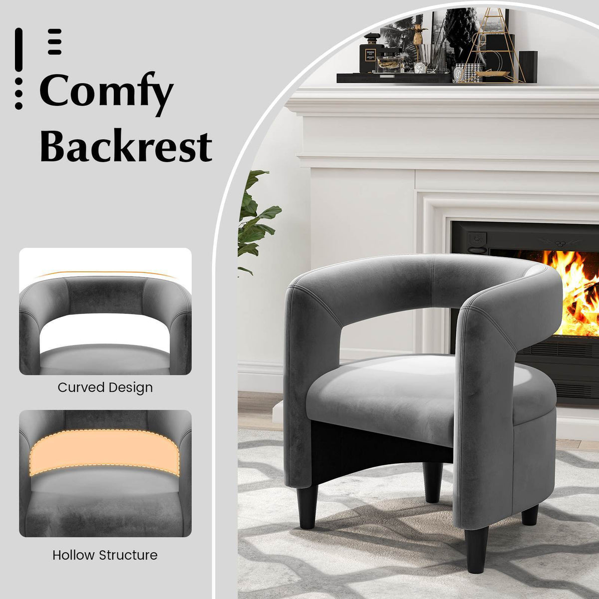 Upholstered Velvet Accent Armchair w/ Foootrest Barrel Chair & Ottman Set Gray