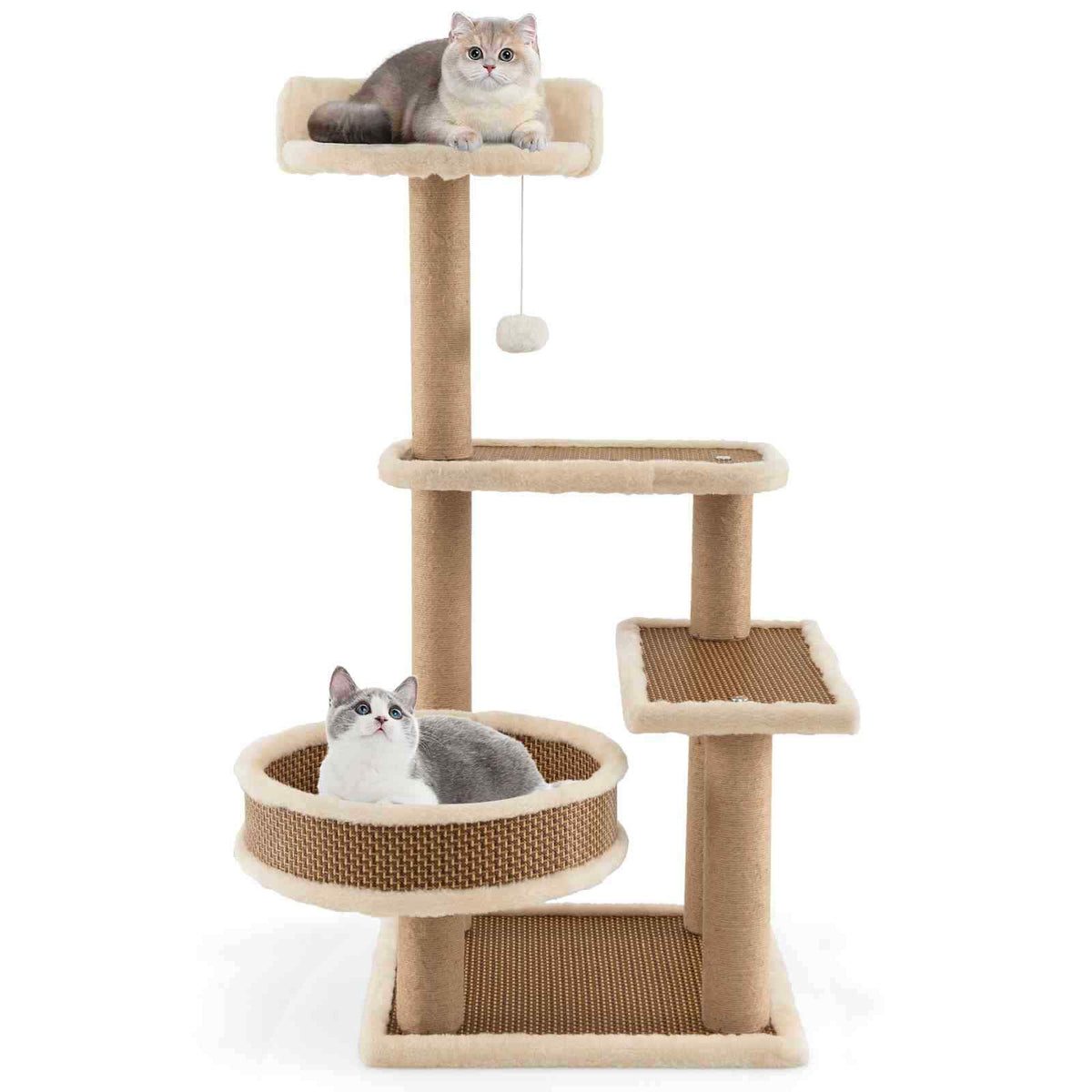 4-level Cat Tower Activity Center for Indoor Cats w/Rattan Mat, Scratching Posts