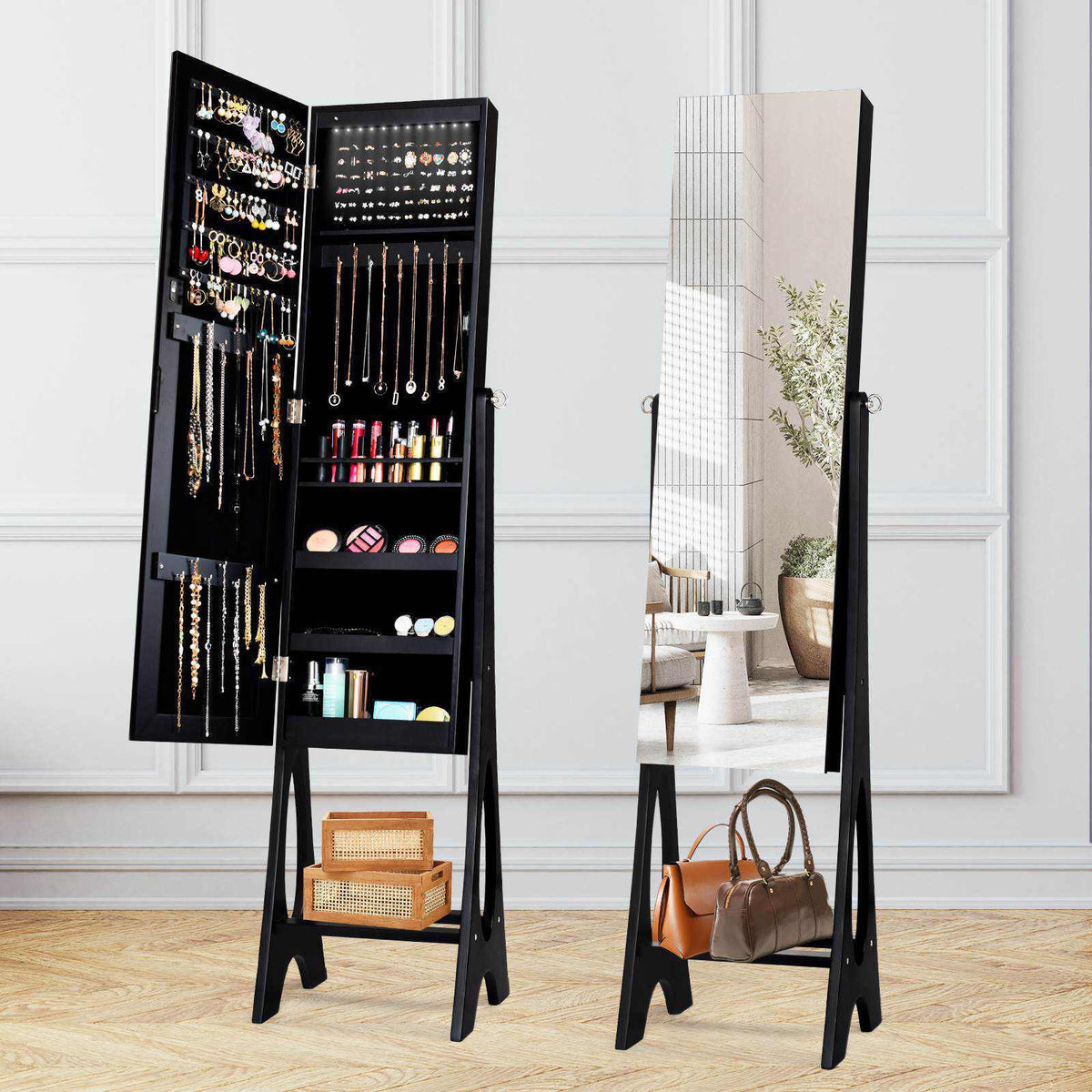 Freestanding Mirror Jewelry Cabinet w/ Full Length Mirror Built-in LED Lights