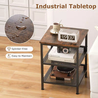 3-Tier Side Table Square Nightstand Industrial End Table w/ Dual Mesh Shelves