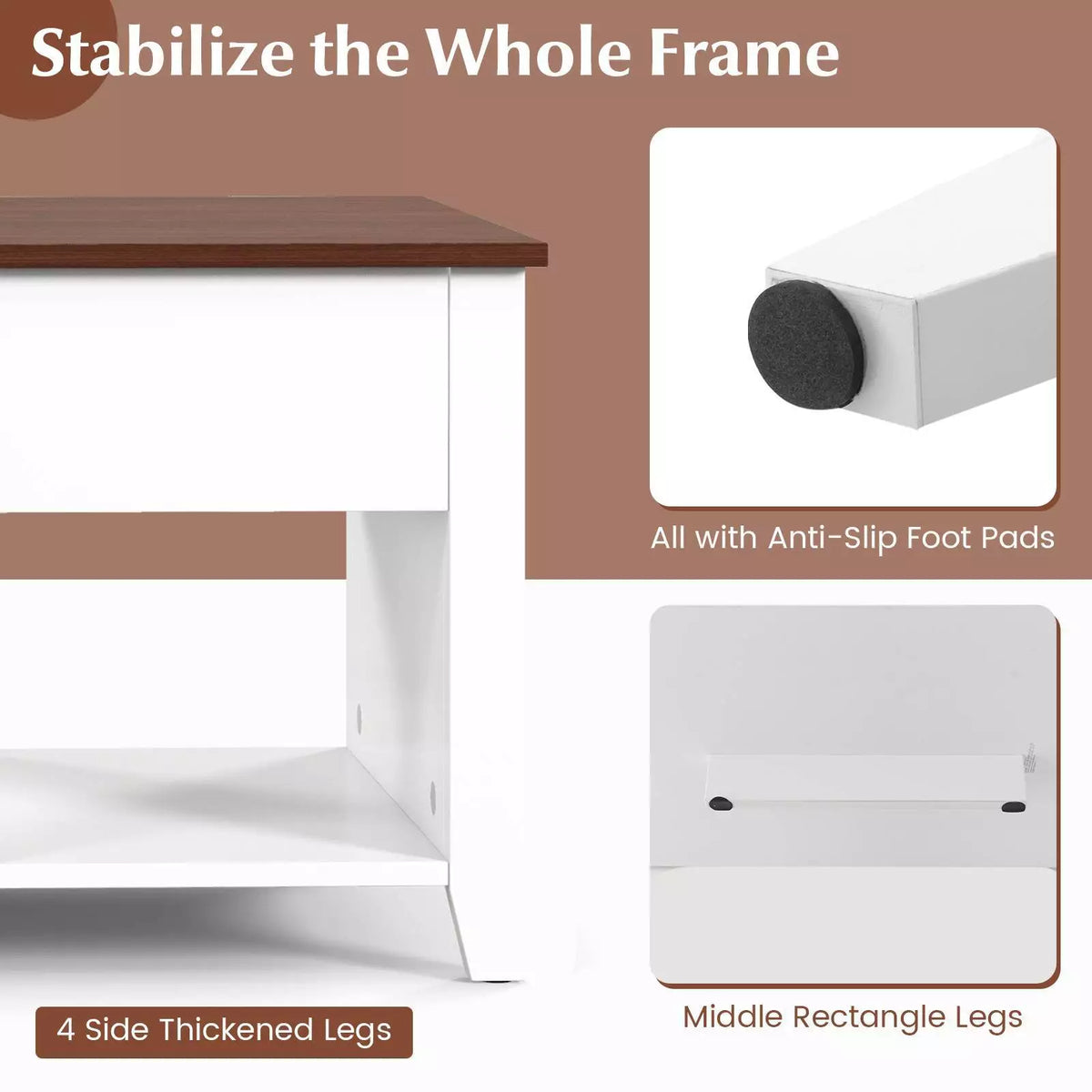 Lift Up Coffee Table Rising Center Table w/ Hidden Compartment & 3 Cubes