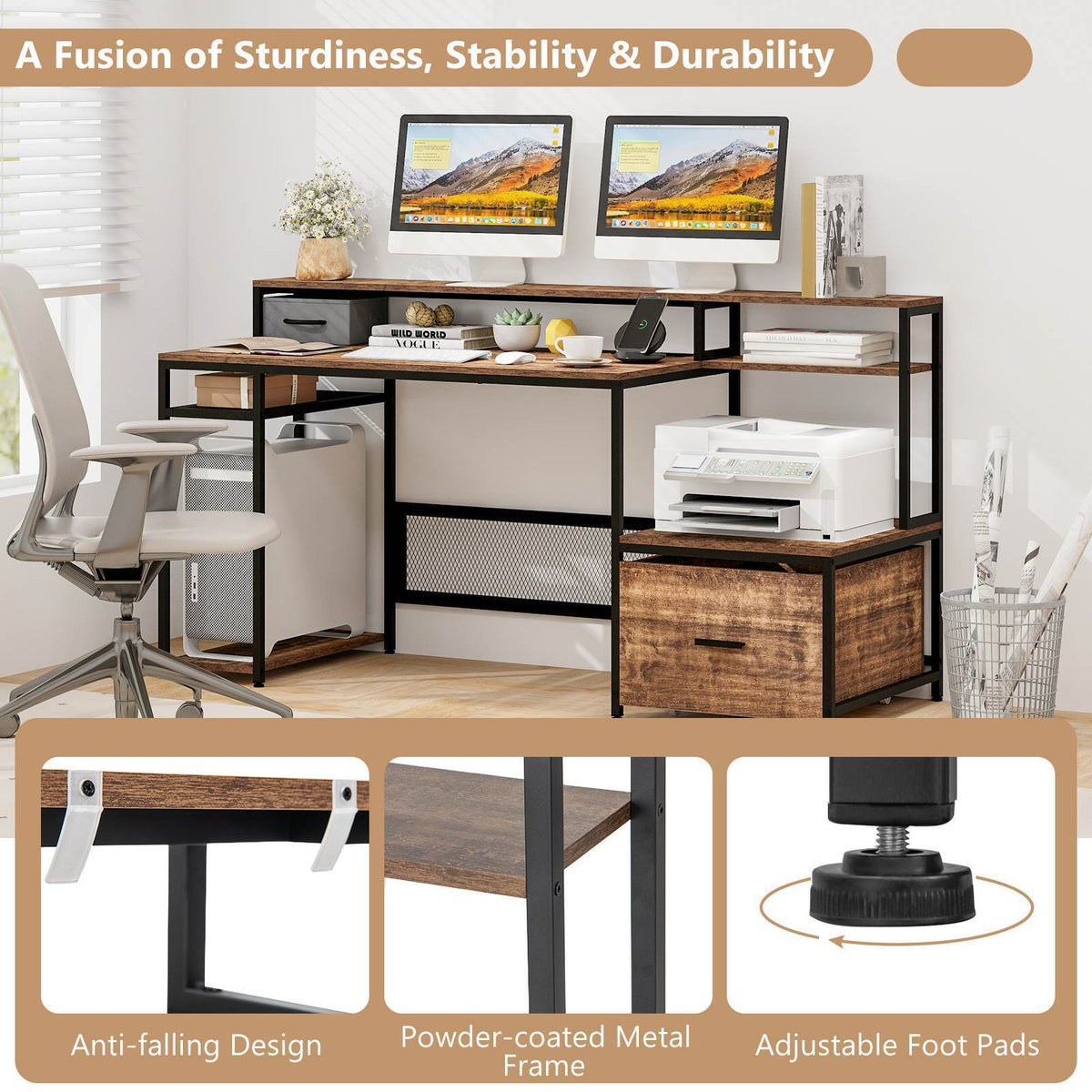 Power Rack Computer Desk 170cm Computer Desk Home Office Desk w/ Power Outlets & USB Ports Work ...