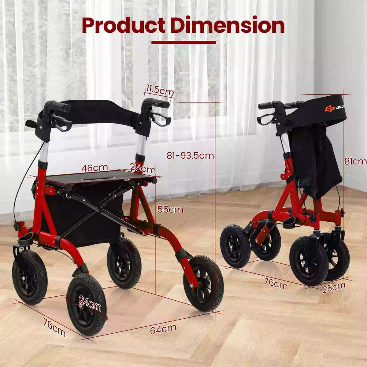 Foldable Height Adjustable Rolling Walker 24CM All Terrain Pneumatic Wheel 160KG