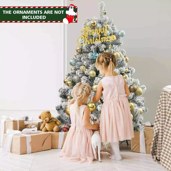 137CM Pre-lit Snow Flocked Christmas Tree Hinged Xmas Decor w/Metal Stand Party