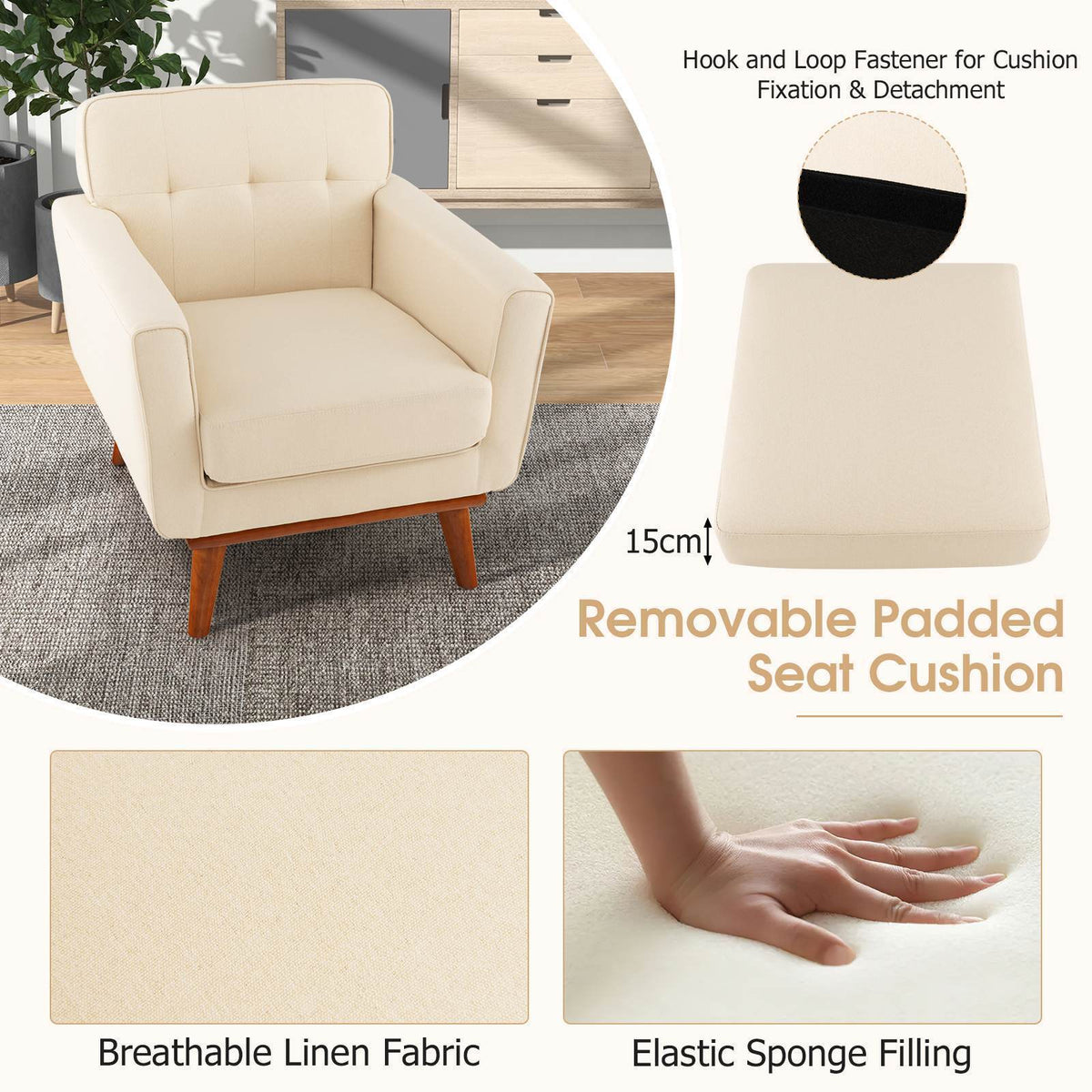 Modern Accent Leisure Chair Linen Fabric Armchair w/ Padded Seat Cushion