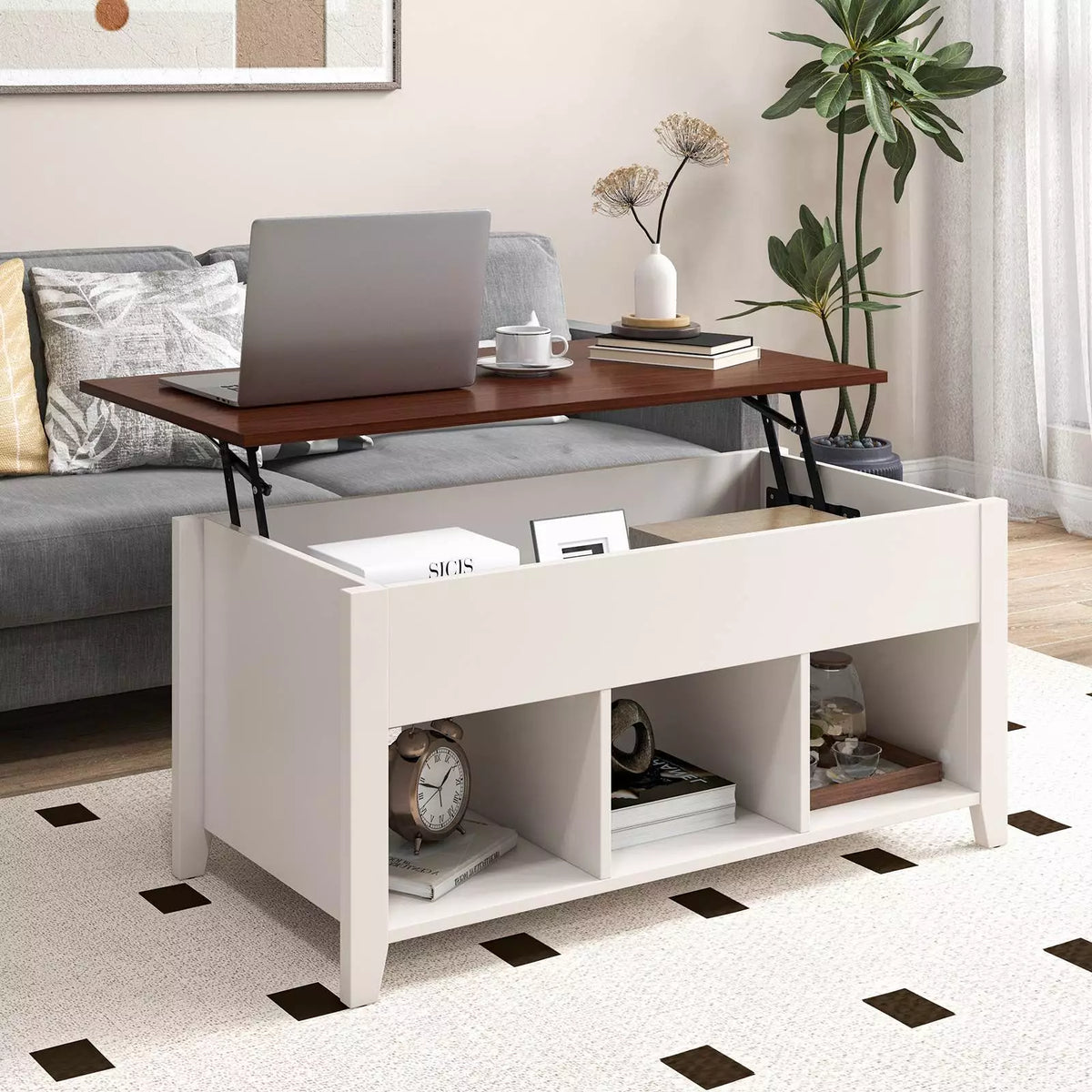 Table Rising From Box Lift Up Coffee Table Rising Center Table w/ Hidden Compartment & 3 Cub ...