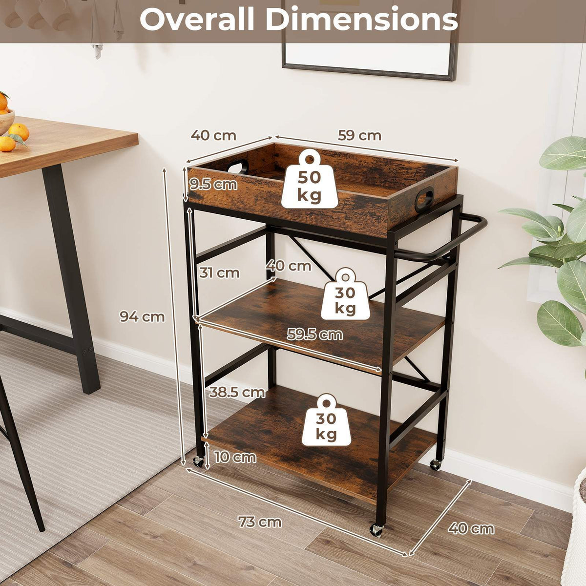 Industrial 3-Tier Bar Serving Utility Cart w/ Detachable Tray & Lockable Casters