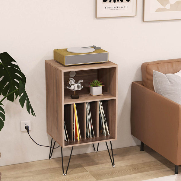 Record Player Stand w/Charging Station Turnable Nightstand Vinyl Storage Cabinet