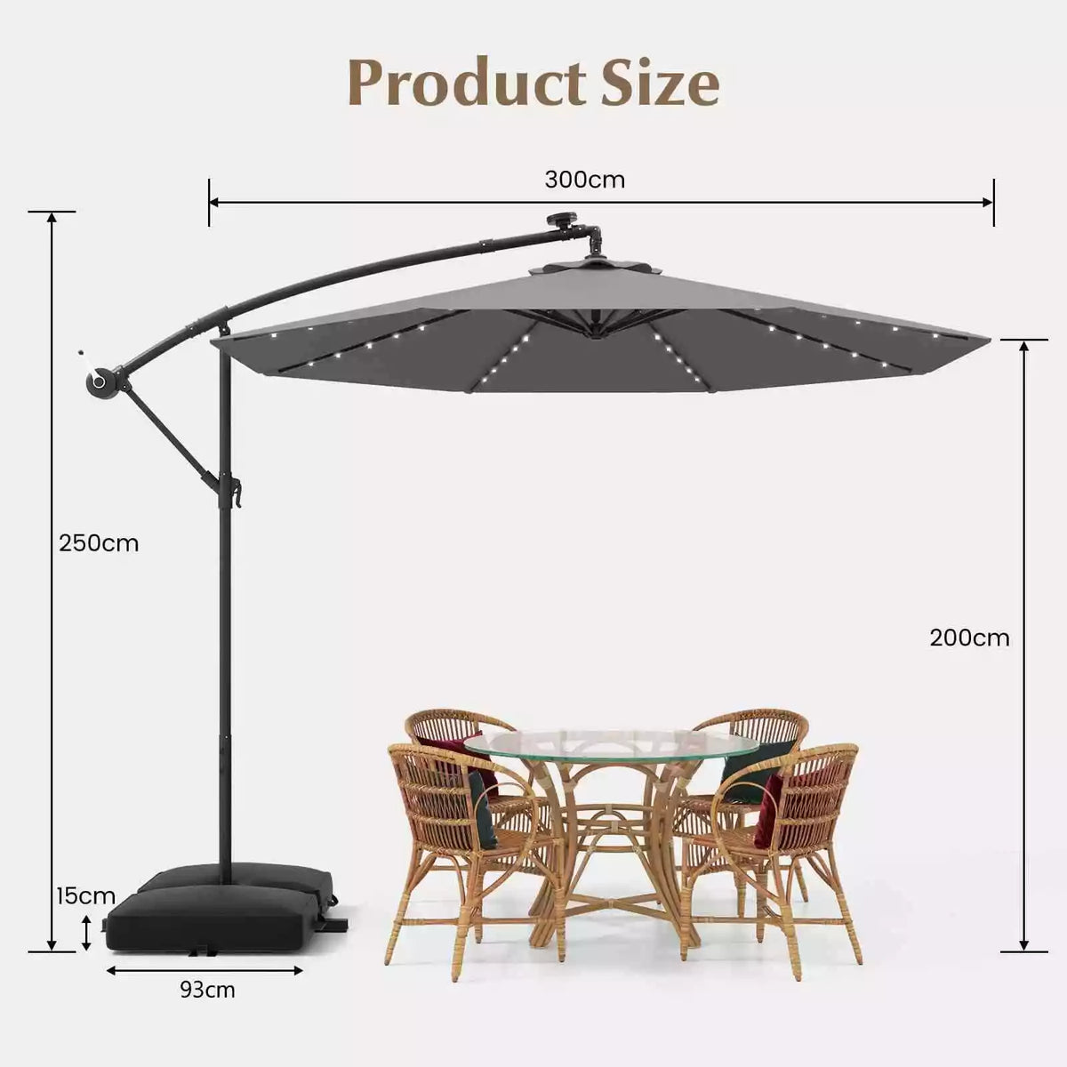 Outdoor Patio 3m Hanging Offset Umbrella w/ 32 LED Lights & Water-proof Canopy