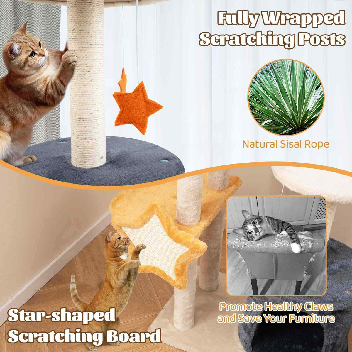 Multi-level Cute Cat Tree for Indoor Cats with Sisal Scratching Posts & Board