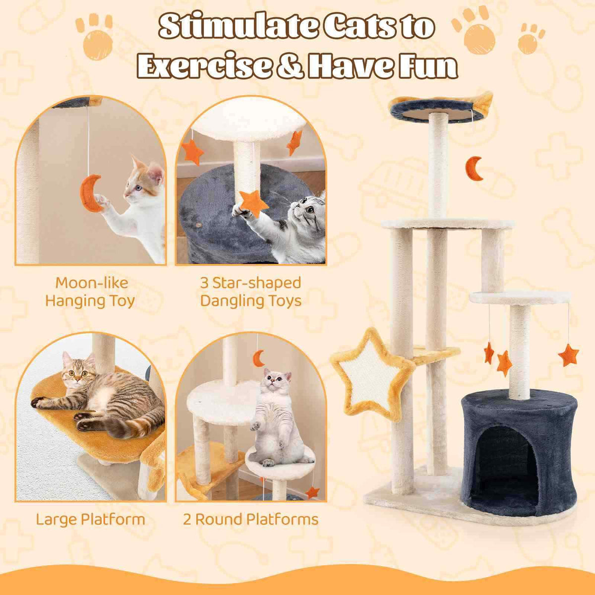 Multi-level Cute Cat Tree for Indoor Cats with Sisal Scratching Posts & Board