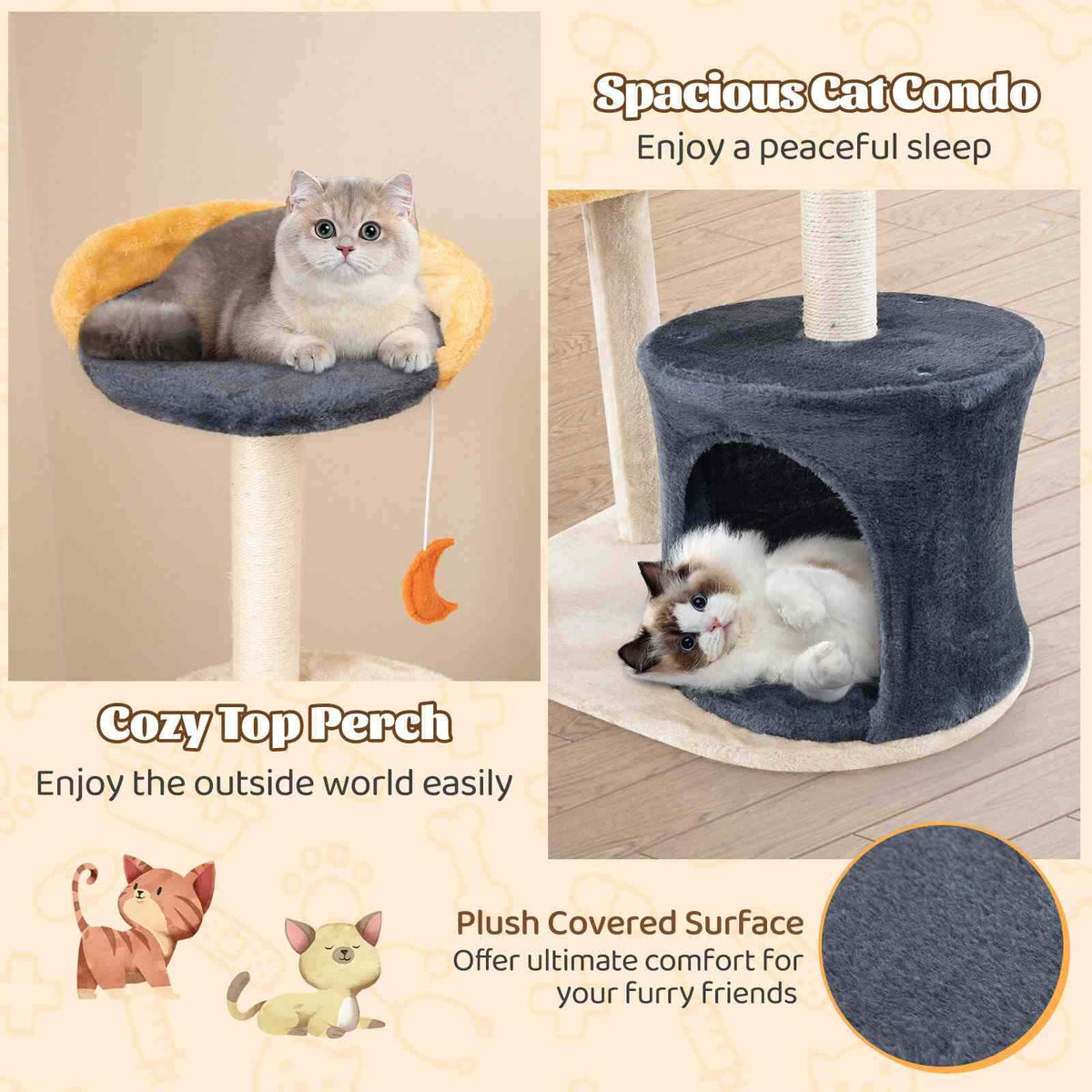 Multi-level Cute Cat Tree for Indoor Cats with Sisal Scratching Posts & Board