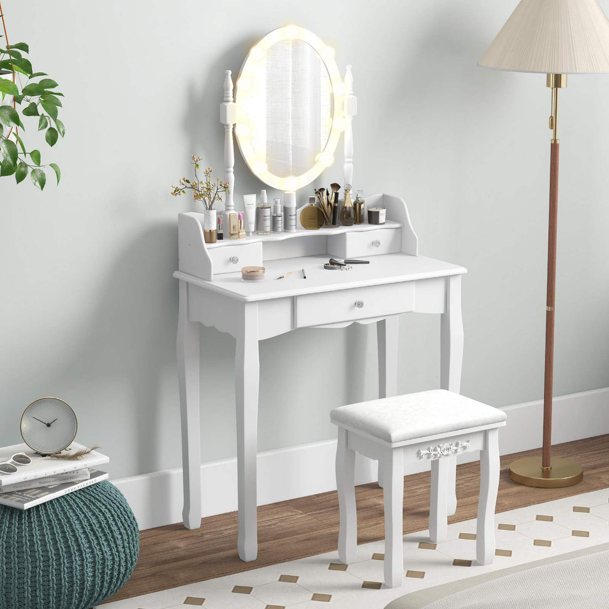 Vanity Table Set Makeup Vanity Desk & Stool Dressing Table w/Mirror & Lights