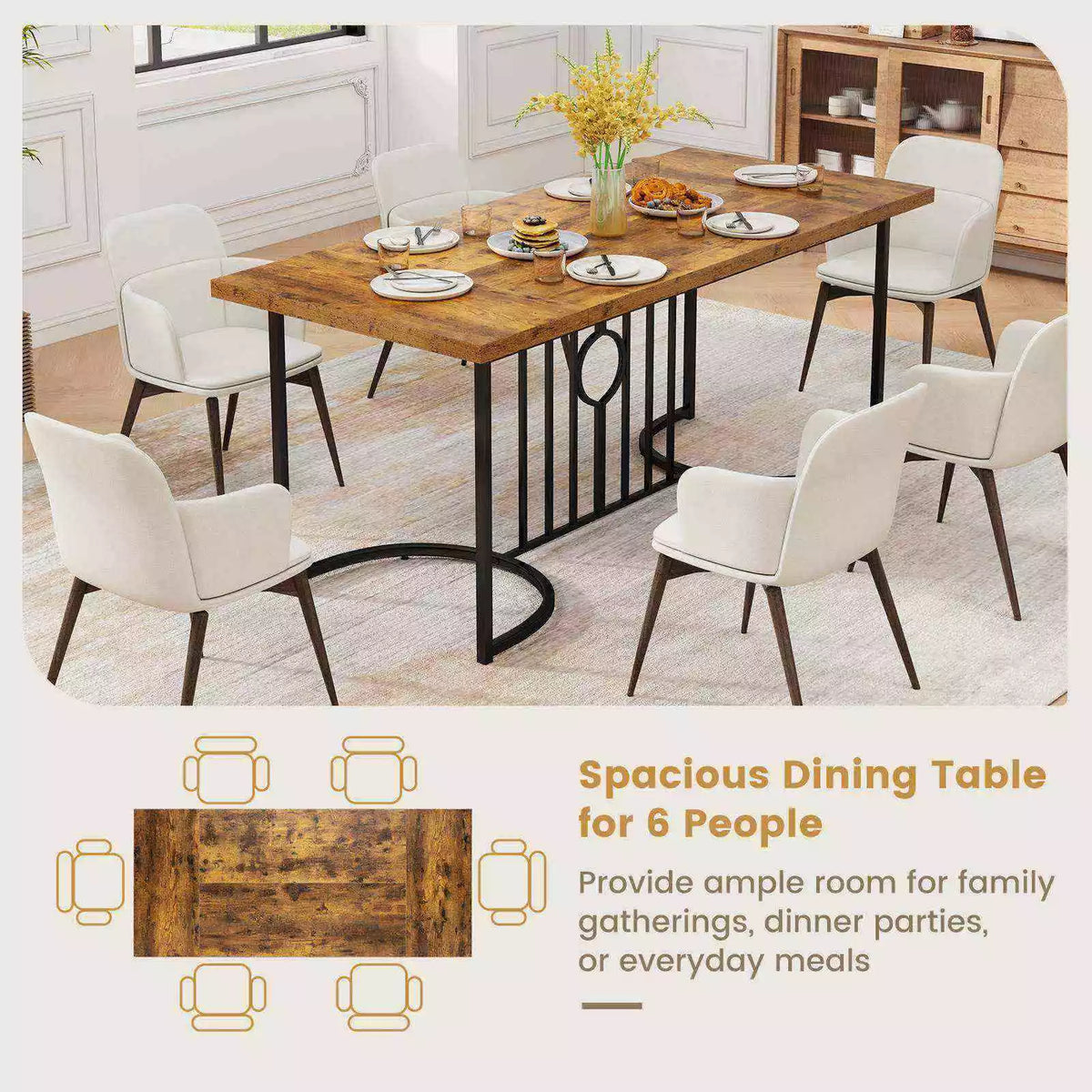 180cm Large Dining Table Farmhouse Rectangular Wood Kitchen Table for 6-8 People