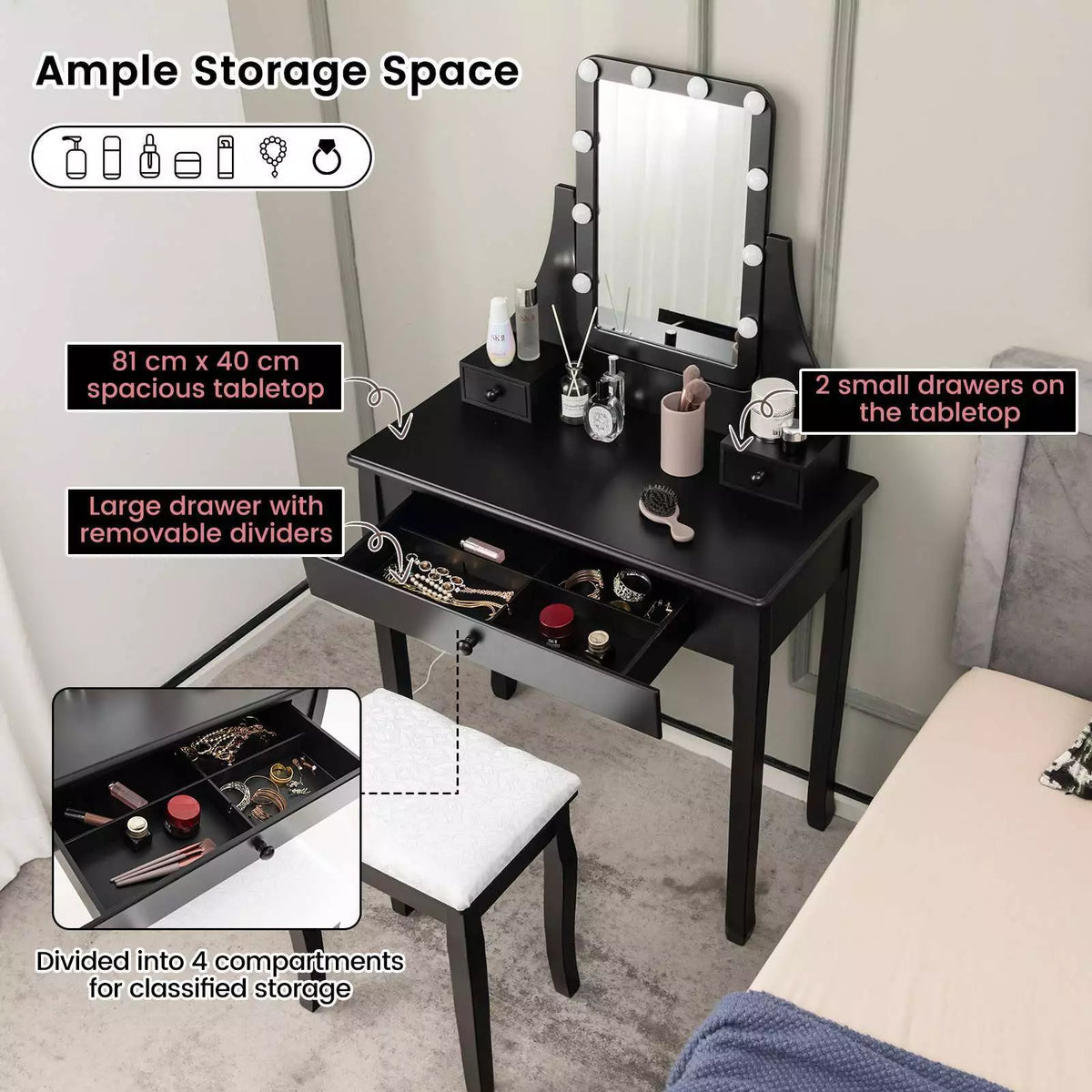 Dressing Table Lighted Mirror Stool Set Girls Vanity Makeup Desk Storage Drawer