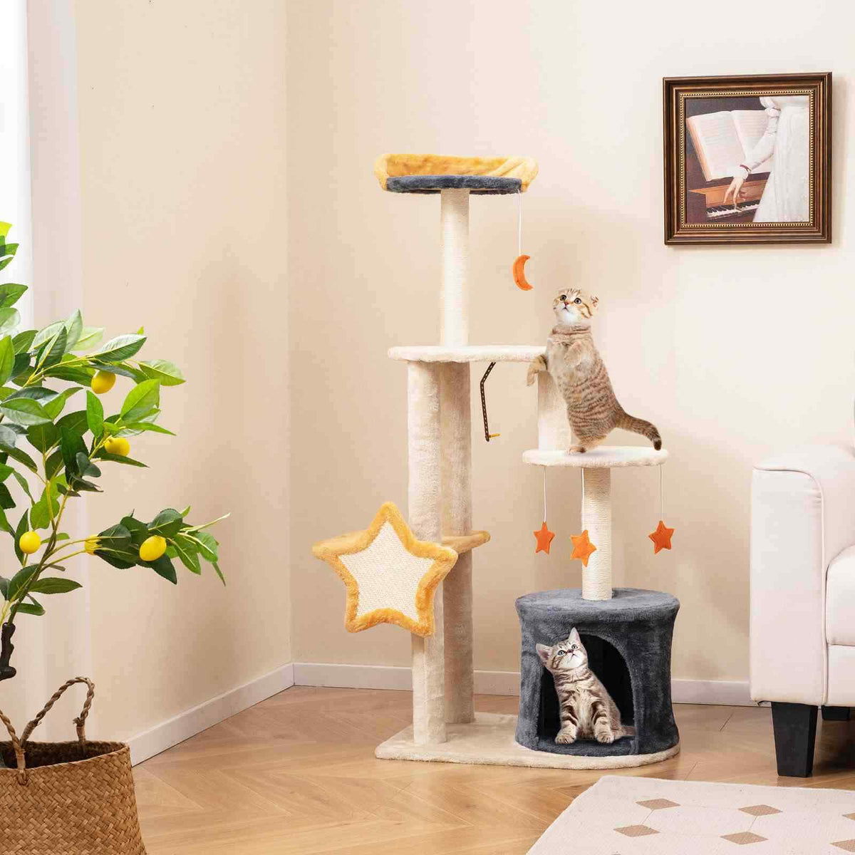 Multi-level Cute Cat Tree for Indoor Cats with Sisal Scratching Posts & Board