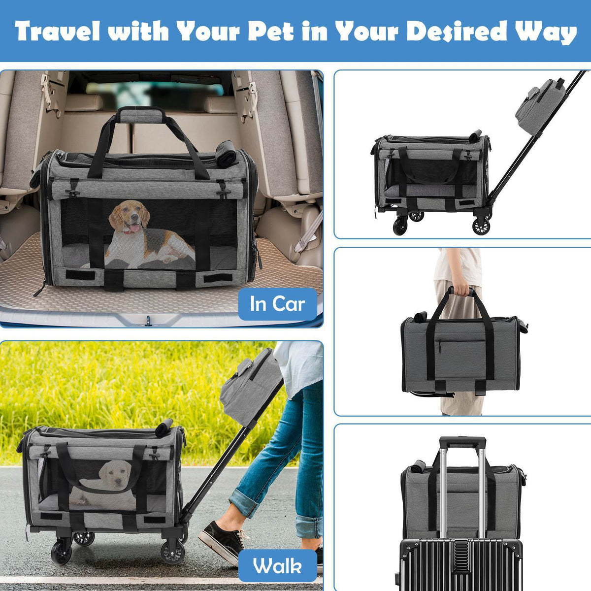 Pet Stroller Rolling Cat Dog Travel Carrier Bag Pushchair Carry Strap Litter Bag