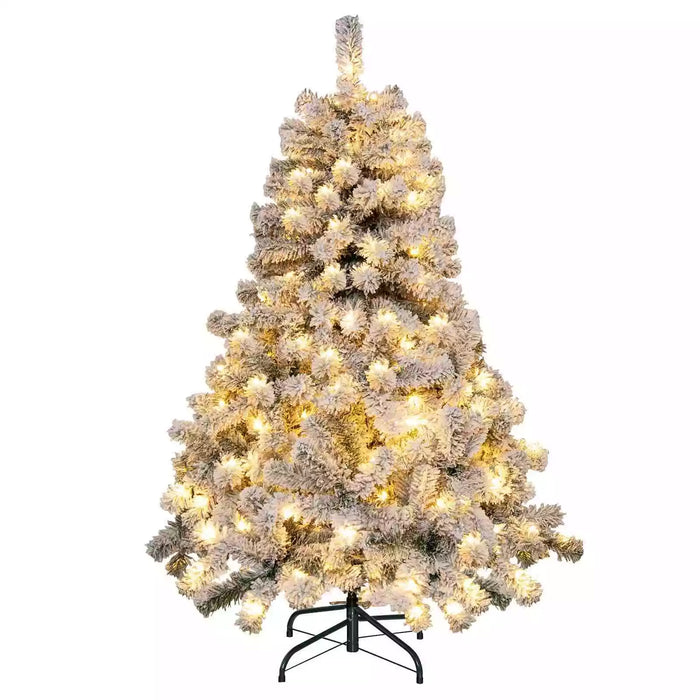140CM Pre-lit Snow Flocked Christmas Tree Hinged Xmas Decor w/Metal Stand Party
