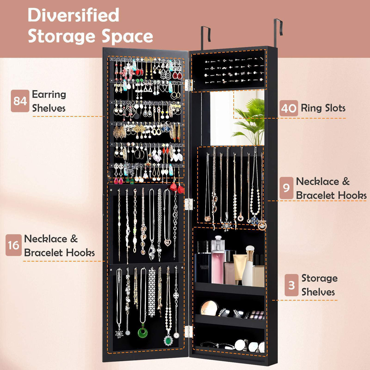 Wall/Door Mounted Jewelry Cabinet Full Length Mirror Jewelry Armoire