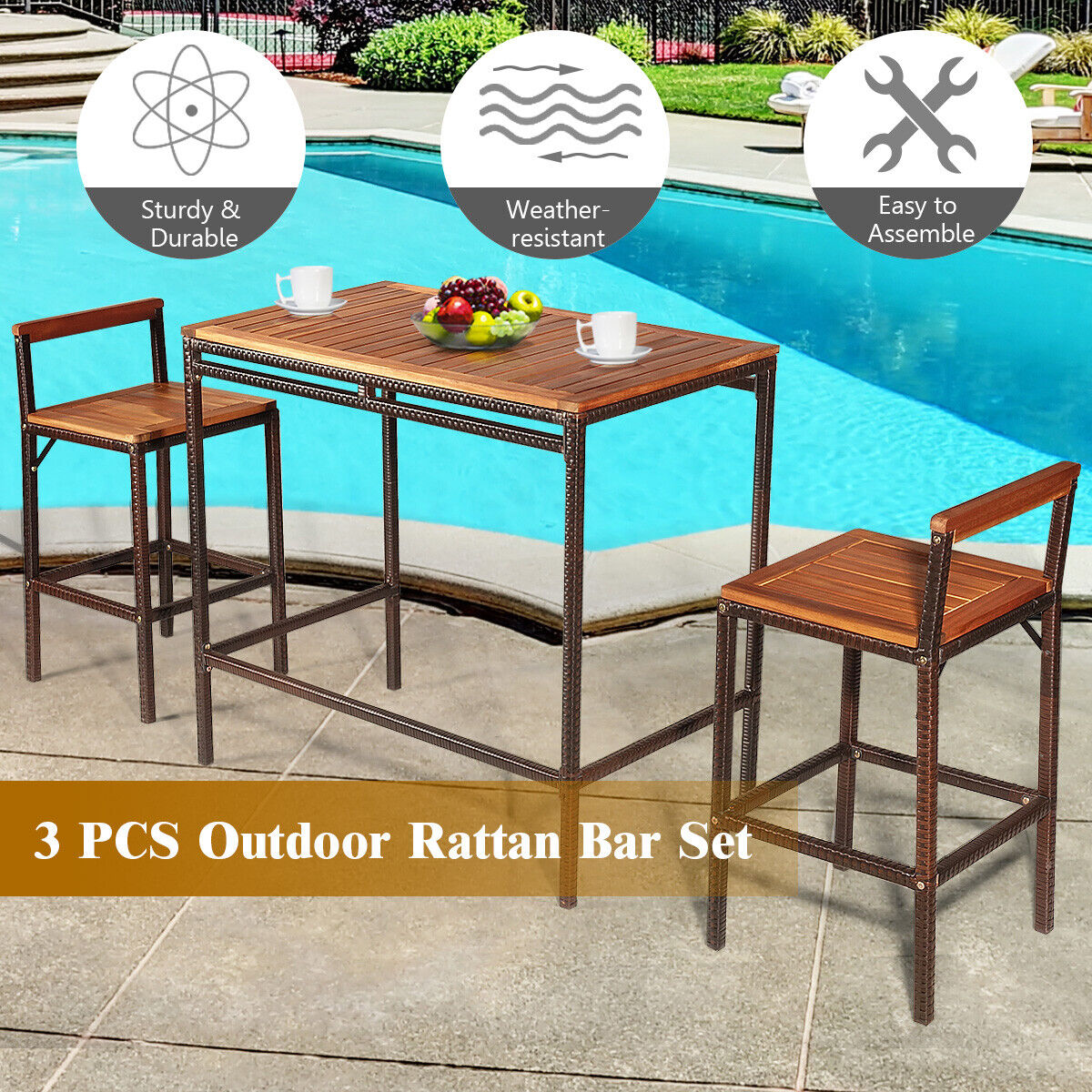 3 PCS Patio Rattan Wicker Bar Dining Furniture Set wood Table Chair Outdoor