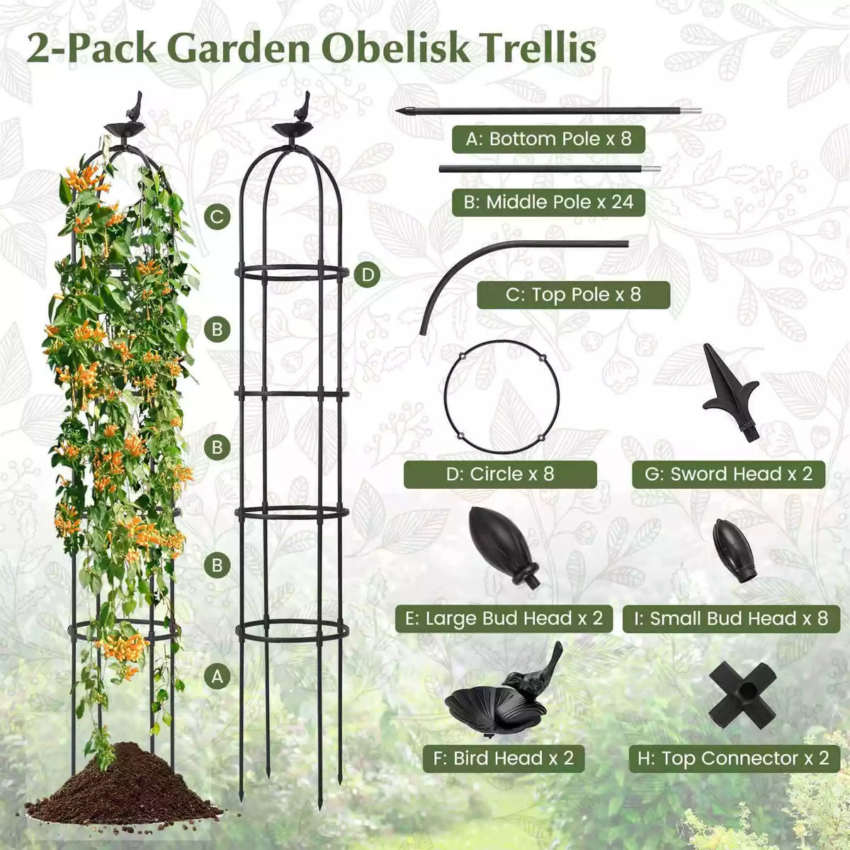 2-Pack 2-in-1 Garden Obelisk Trellis Rustproof Plant Cage w/ Adjustable Height