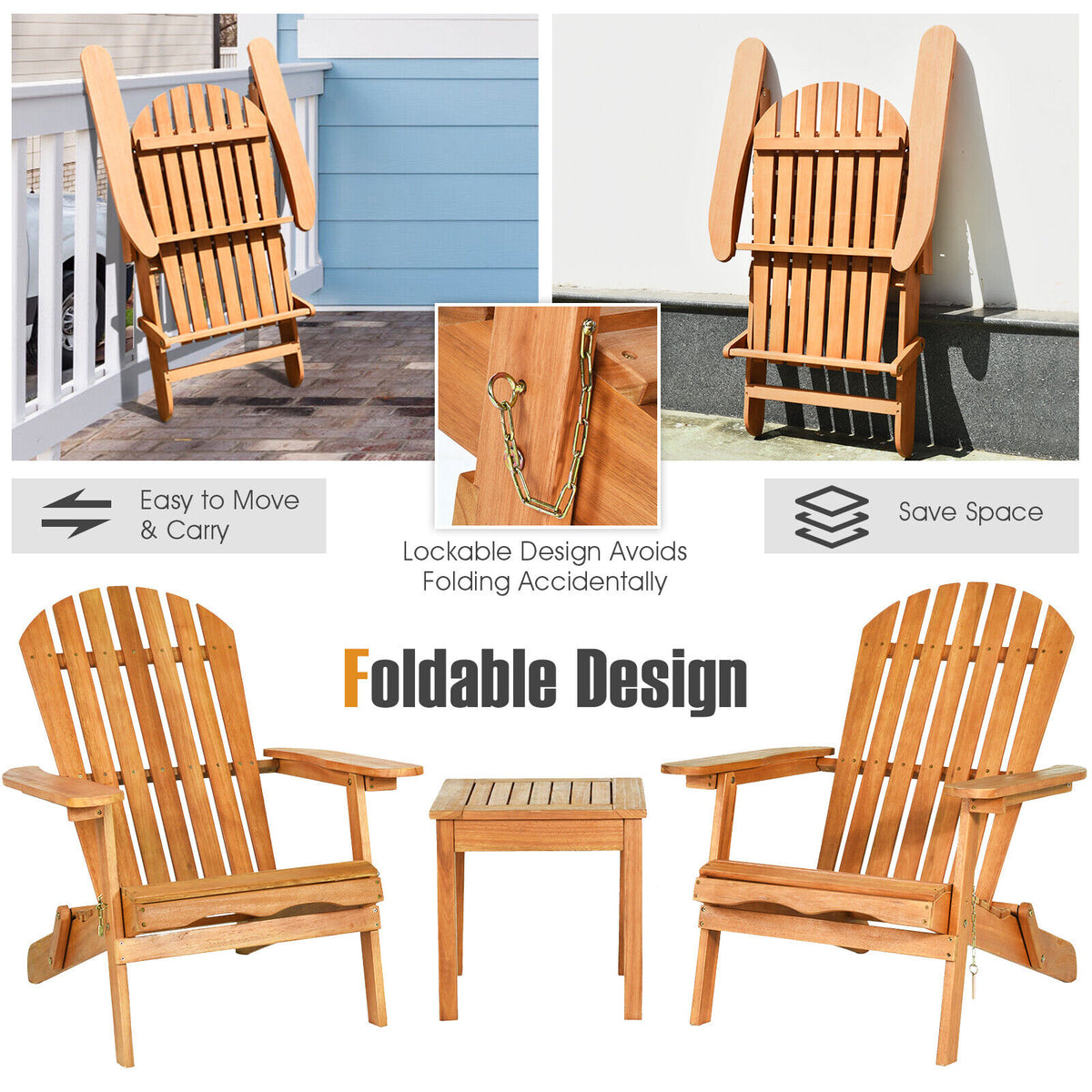 3PCS Patio Wooden Adirondack Chair Table Set Folding Seat Furniture Garden