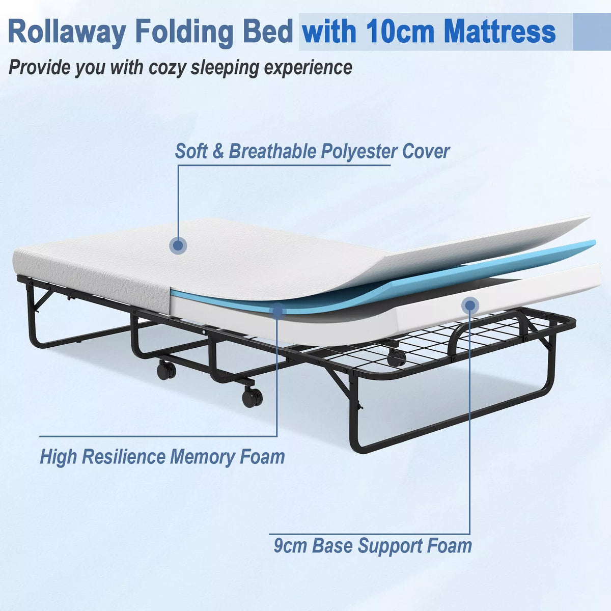 Folding Bed Sturdy Metal Frame with 10cm Memory Foam Mattress 4 Universal Wheels