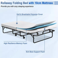 Folding Bed Sturdy Metal Frame with 10cm Memory Foam Mattress 4 Universal Wheels