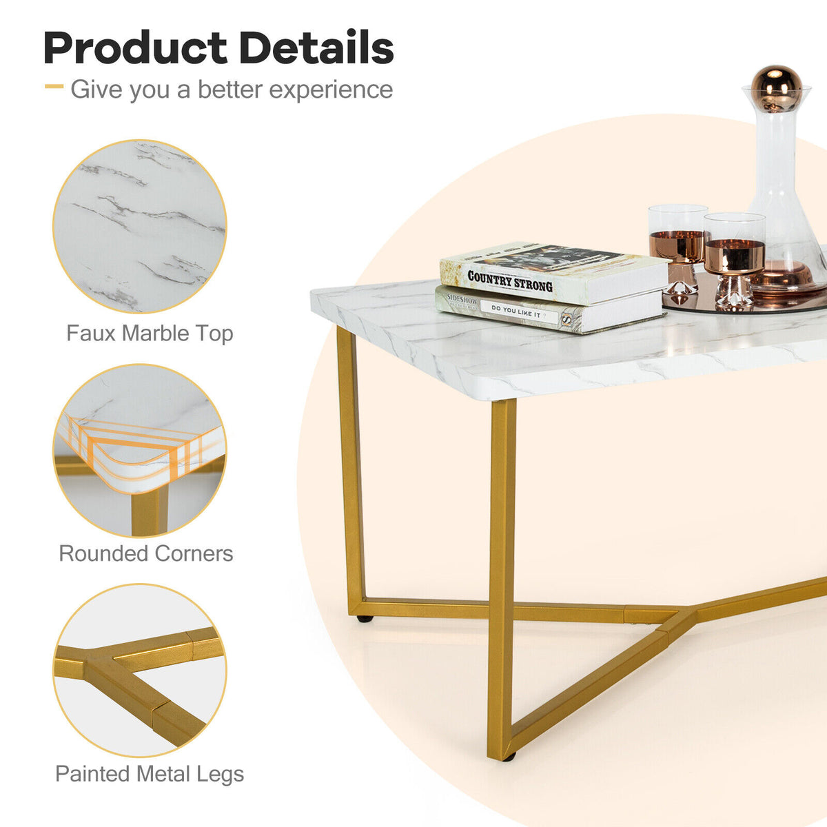 Modern Coffee Table w/ Faux Marble Tabletop & Golden Y-shaped Legs Foot Pads