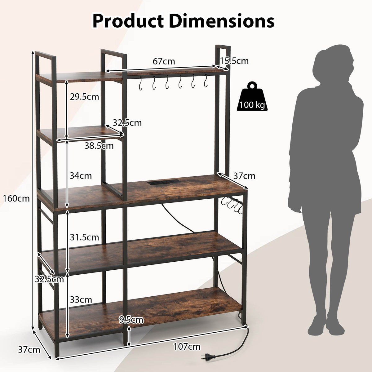 5-Tier Bakers Rack Microwave Stand Large Kitchen Utility Rack w/ Power Outlet