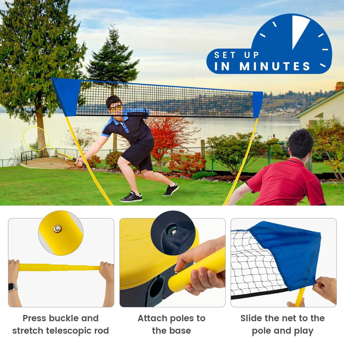 Portable Badminton Net Set with Storage Base, All-In-One Badminton Set