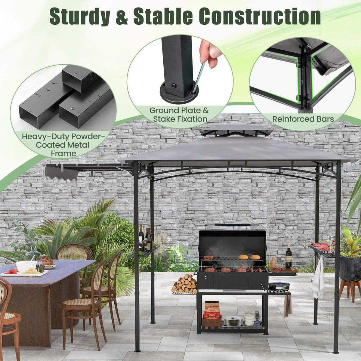 318 cm x 153 cm BBQ Grill Gazebo w/Side Awning Double-Tier Canopy Tent Shelter