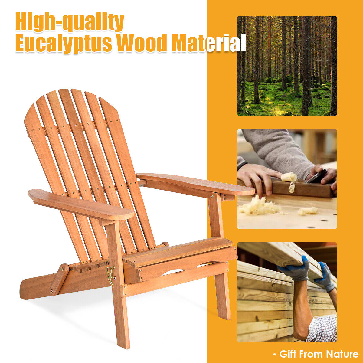 Foldable Adirondack Chair Outdoor Eucalyptus Wood Lounger Chair Natural